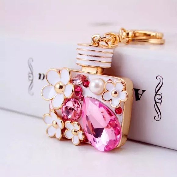 Pink Crystal Flower Perfume Bottle Keychain Charm - Picture 2 of 16